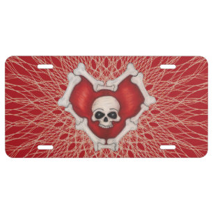 Spooky Red Heart With Skull Bones on Spiral Lines License Plate