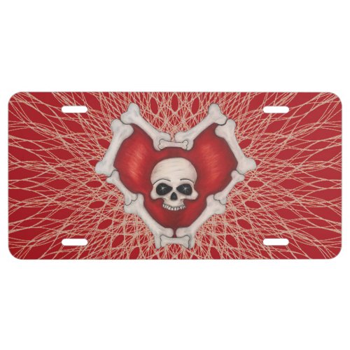 Spooky Red Heart With Skull Bones on Spiral Lines License Plate