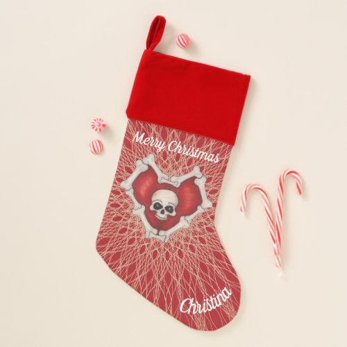Spooky Red Heart With Skull Bones Spiral Lines Christmas Stocking