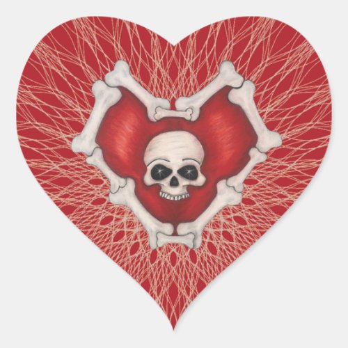 Spooky Red Heart With Spirals Skull and Bones Heart Sticker