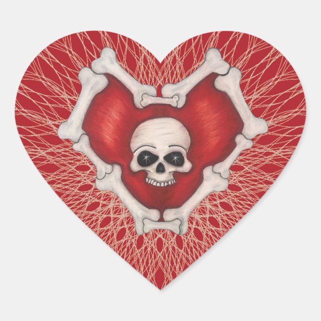 Spooky Red Heart With Spirals Skull and Bones Sticker (Front)