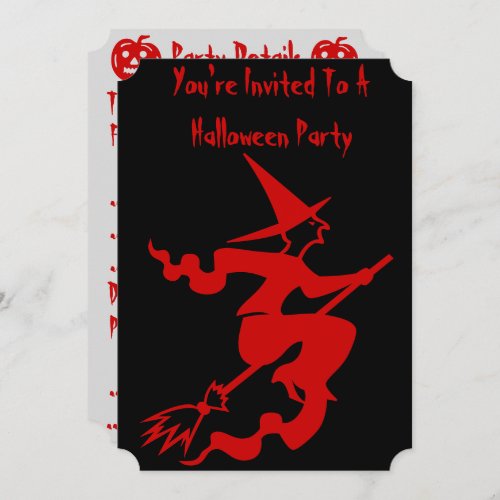 spooky red witch flying broomstick fun halloween invitation