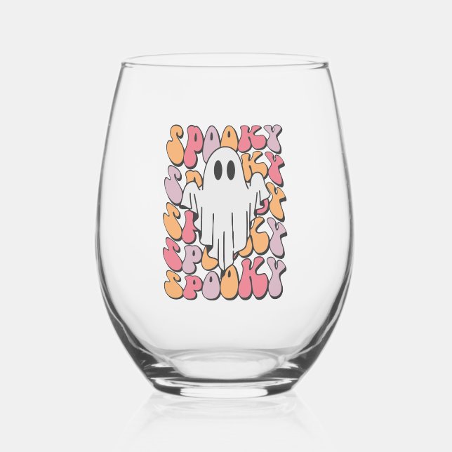 Spooky Retro Ghost Stemless Wine Glass (Front)