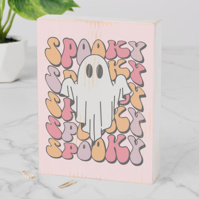 Spooky Retro Ghost Wooden Box Sign (In Situ Vertical)