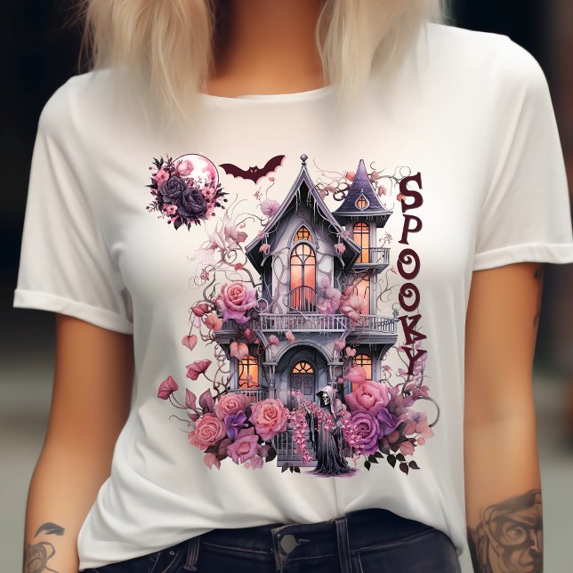 Spooky-Retro-Pink Halloween-Haunted House-Rose T-Shirt (Creator Uploaded)