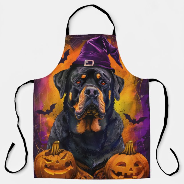 Spooky Rottweiler Dog Halloween Witch And Pumpkin Apron (Front)
