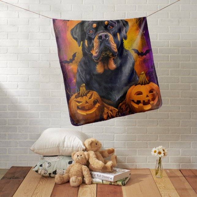 Spooky Rottweiler Dog Halloween Witch And Pumpkin Baby Blanket (In Situ)