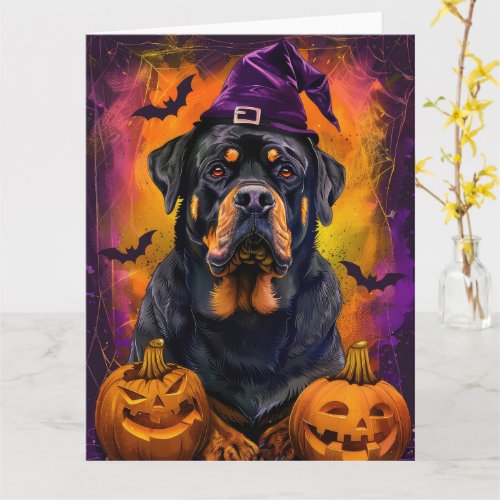 Spooky Rottweiler Dog Halloween Witch And Pumpkin Card