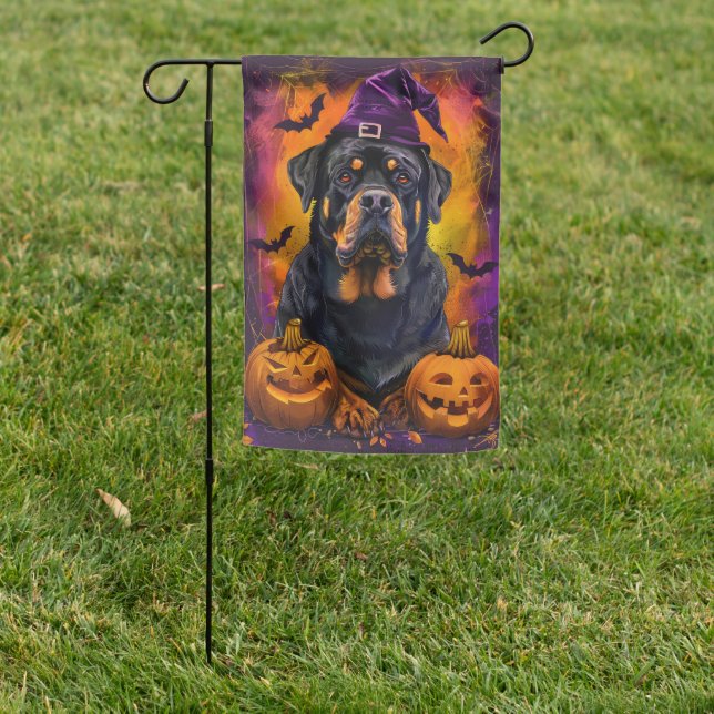 Spooky Rottweiler Dog Halloween Witch And Pumpkin Garden Flag (In SItu)
