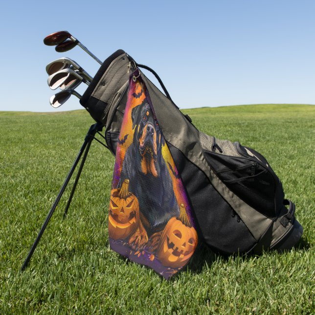 Spooky Rottweiler Dog Halloween Witch And Pumpkin Golf Towel (Green)