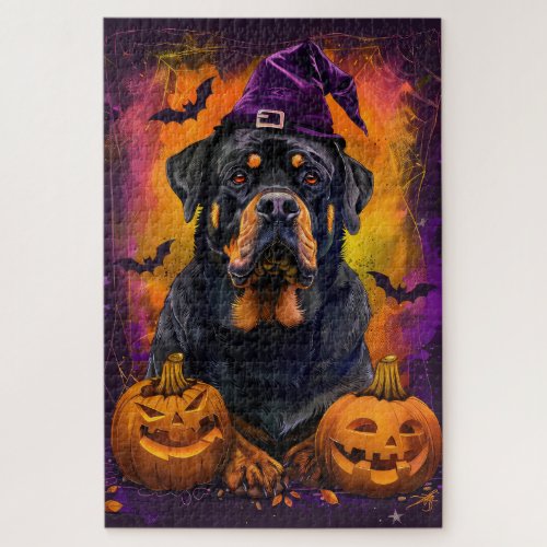 Spooky Rottweiler Dog Halloween Witch And Pumpkin Jigsaw Puzzle