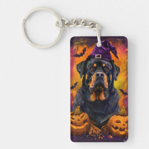 Spooky Rottweiler Dog Halloween Witch And Pumpkin Keychain