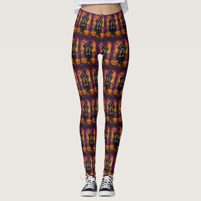 Spooky Rottweiler Dog Halloween Witch And Pumpkin Leggings (Front)