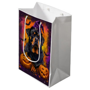 Spooky Rottweiler Dog Halloween Witch And Pumpkin Medium Gift Bag