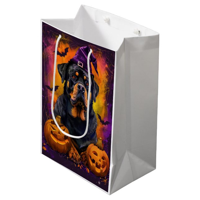 Spooky Rottweiler Dog Halloween Witch And Pumpkin Medium Gift Bag (Front Angled)