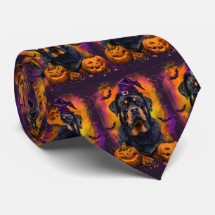 Spooky Rottweiler Dog Halloween Witch And Pumpkin Neck Tie