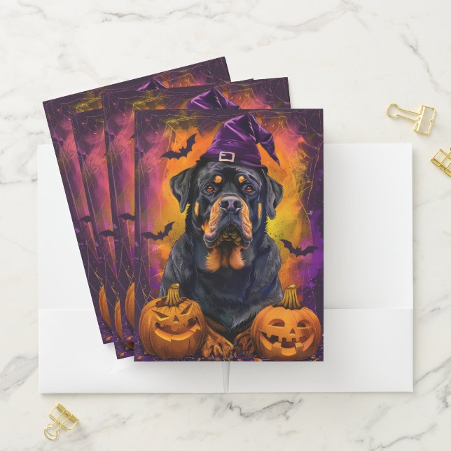 Spooky Rottweiler Dog Halloween Witch And Pumpkin Pocket Folder (In Situ)