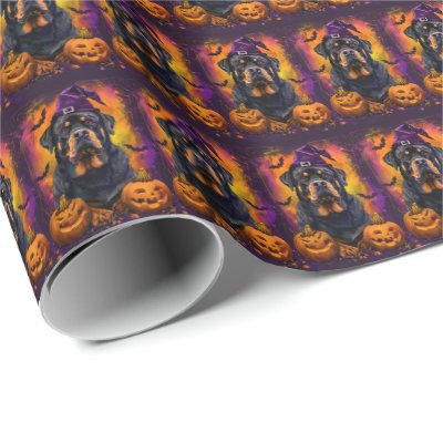 Spooky Rottweiler Dog Halloween Witch And Pumpkin Wrapping Paper