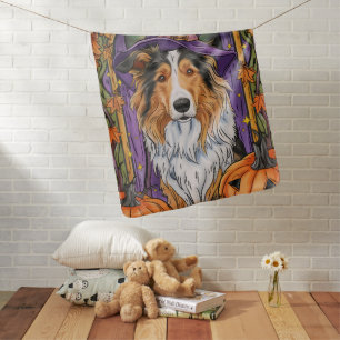 Spooky Rough Collie Dog Halloween Witch Pumpkin  Baby Blanket