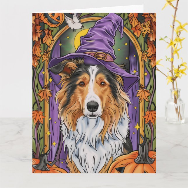 Spooky Rough Collie Dog Halloween Witch Pumpkin  Card (Yellow Flower)