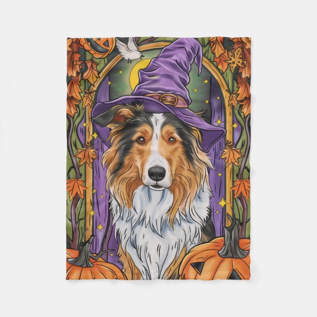 Spooky Rough Collie Dog Halloween Witch Pumpkin  Fleece Blanket (Front)
