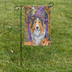Spooky Rough Collie Dog Halloween Witch Pumpkin  Garden Flag