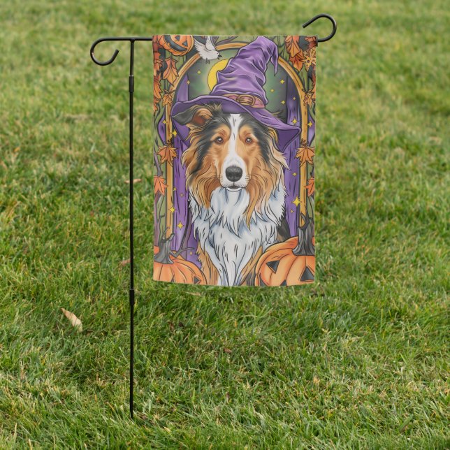 Spooky Rough Collie Dog Halloween Witch Pumpkin  Garden Flag (In SItu)