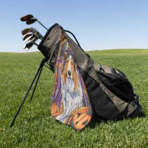 Spooky Rough Collie Dog Halloween Witch Pumpkin  Golf Towel