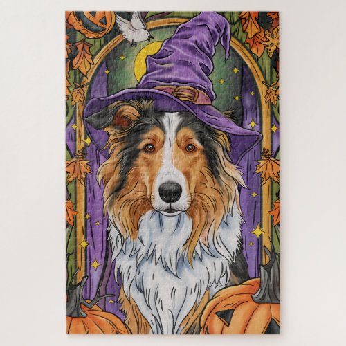 Spooky Rough Collie Dog Halloween Witch Pumpkin  Jigsaw Puzzle