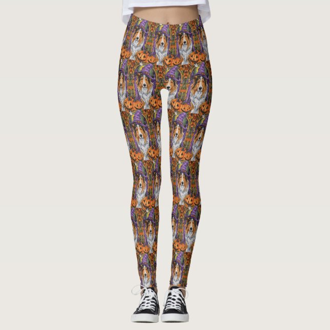 Spooky Rough Collie Dog Halloween Witch Pumpkin  Leggings (Front)