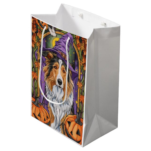 Spooky Rough Collie Dog Halloween Witch Pumpkin  Medium Gift Bag (Front Angled)