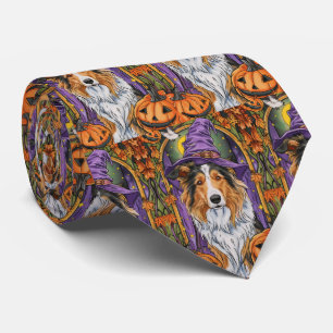 Spooky Rough Collie Dog Halloween Witch Pumpkin Neck Tie