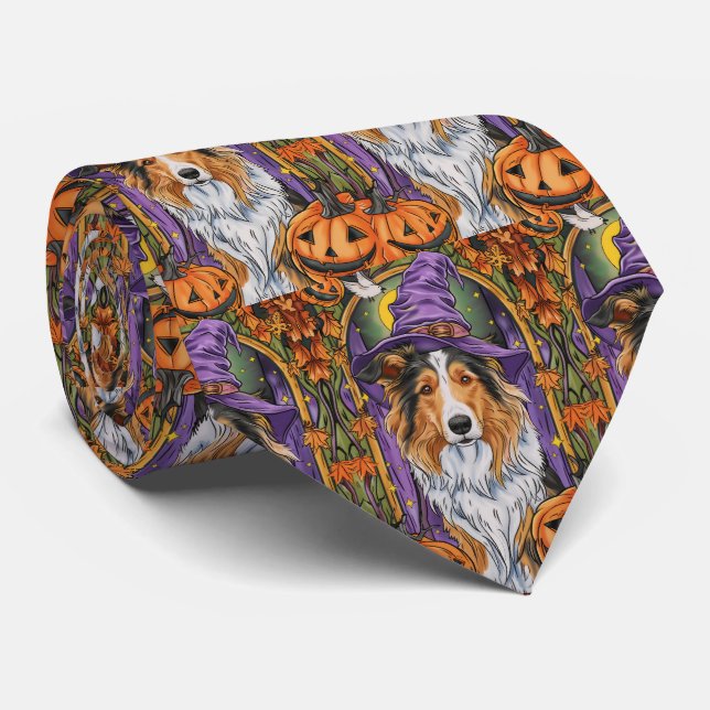 Spooky Rough Collie Dog Halloween Witch Pumpkin  Neck Tie (Rolled)