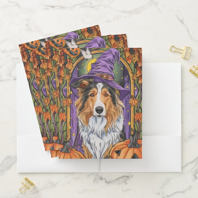 Spooky Rough Collie Dog Halloween Witch Pumpkin  Pocket Folder (In Situ)