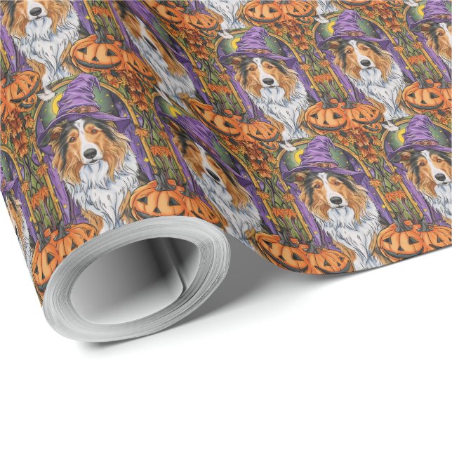 Spooky Rough Collie Dog Halloween Witch Pumpkin  Wrapping Paper (Roll Corner)