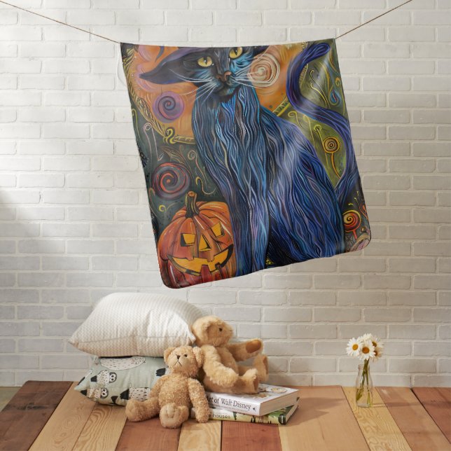 Spooky Russian Blue Cat Halloween Witch Pumpkin Baby Blanket (In Situ)