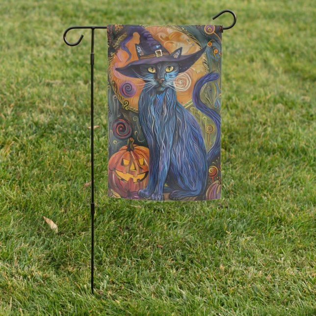 Spooky Russian Blue Cat Halloween Witch Pumpkin Garden Flag (In SItu)