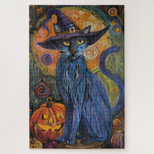Spooky Russian Blue Cat Halloween Witch Pumpkin Jigsaw Puzzle