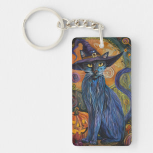 Spooky Russian Blue Cat Halloween Witch Pumpkin Keychain