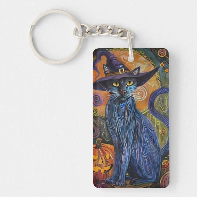 Spooky Russian Blue Cat Halloween Witch Pumpkin Keychain (Front)