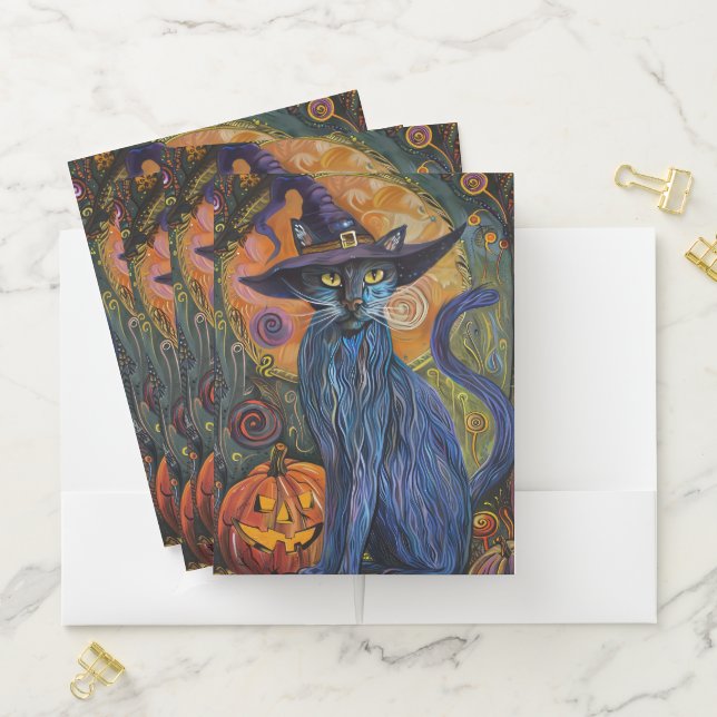 Spooky Russian Blue Cat Halloween Witch Pumpkin Pocket Folder (In Situ)