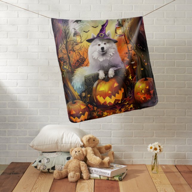 Spooky Samoyed Dog Halloween Witch And Pumpkin Baby Blanket (In Situ)
