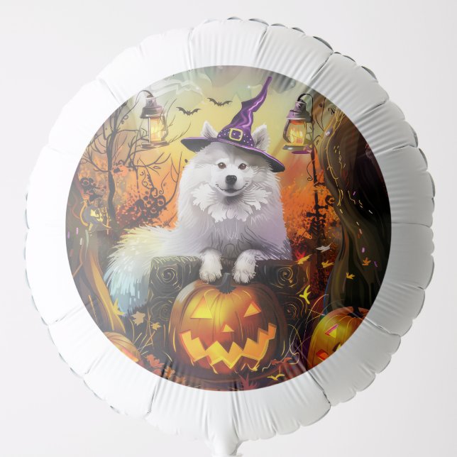 Spooky Samoyed Dog Halloween Witch And Pumpkin Balloon (Front)