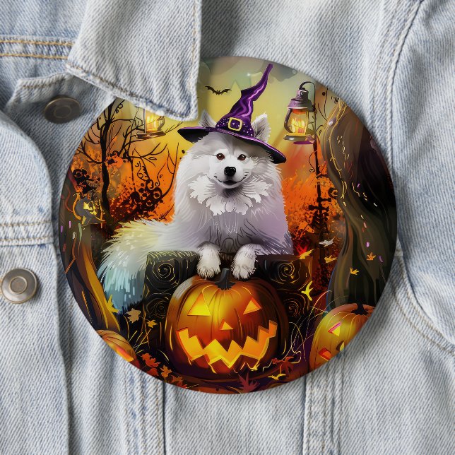 Spooky Samoyed Dog Halloween Witch And Pumpkin Button (In Situ)