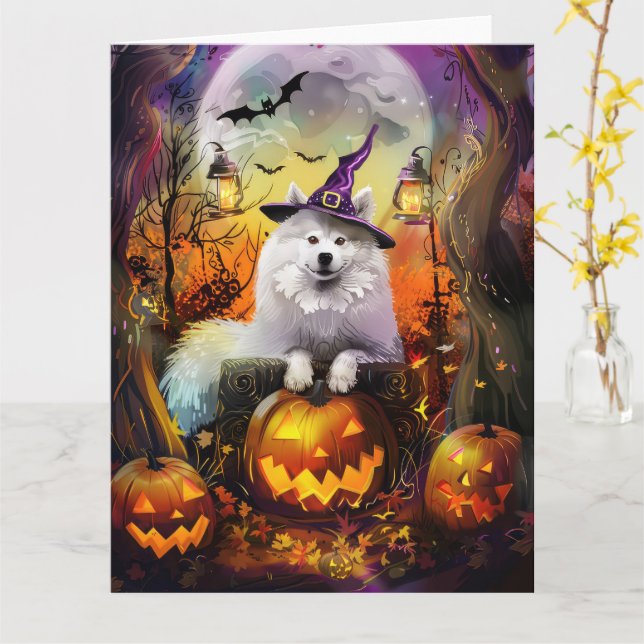 Spooky Samoyed Dog Halloween Witch And Pumpkin Card (Yellow Flower)