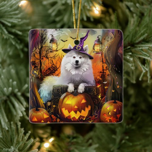 Spooky Samoyed Dog Halloween Witch And Pumpkin Ceramic Ornament