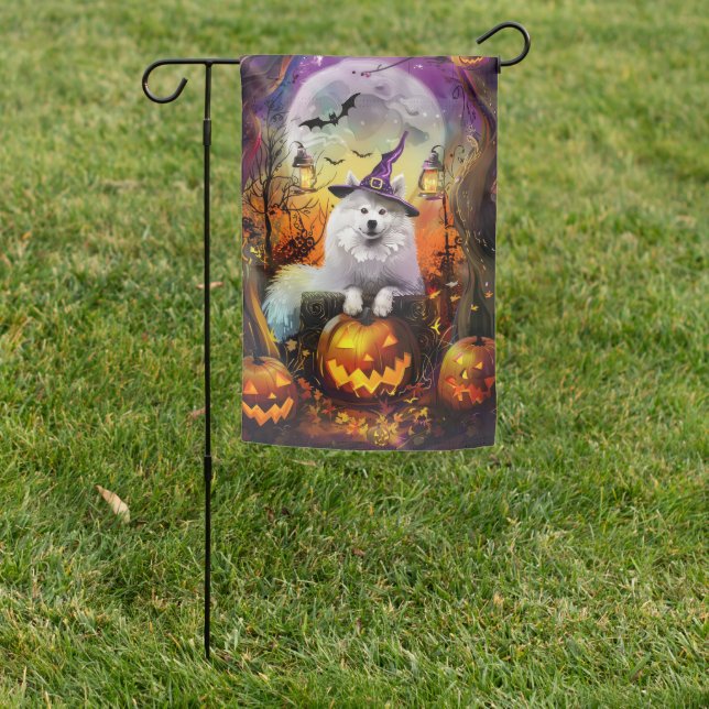 Spooky Samoyed Dog Halloween Witch And Pumpkin Garden Flag (In SItu)