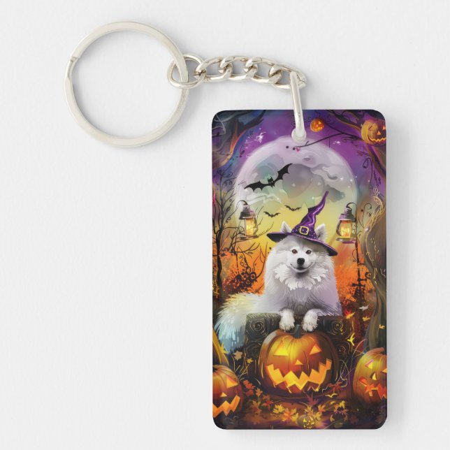 Spooky Samoyed Dog Halloween Witch And Pumpkin Keychain (Front)