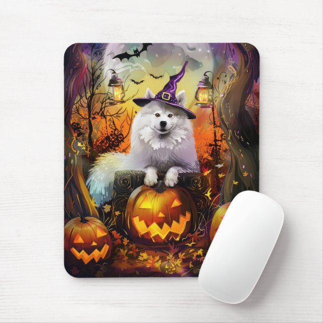 Spooky Samoyed Dog Halloween Witch And Pumpkin Mouse Pad (With Mouse)