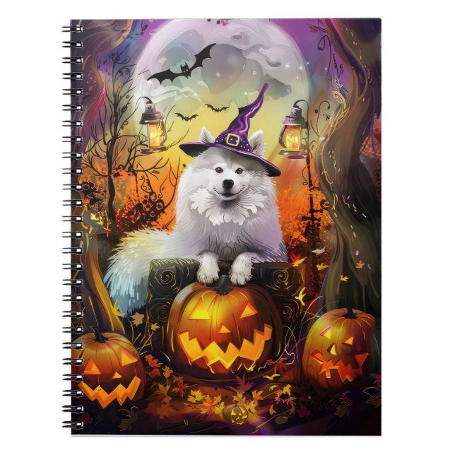 Spooky Samoyed Dog Halloween Witch And Pumpkin Notebook (Front)